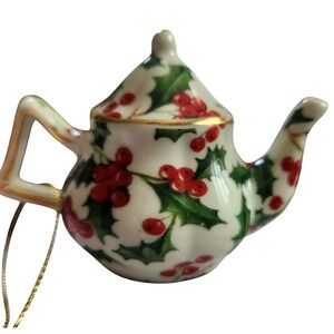 Miniature Christmas Teapot Ornament Ceramic Holly Berries Gold Trim Holiday